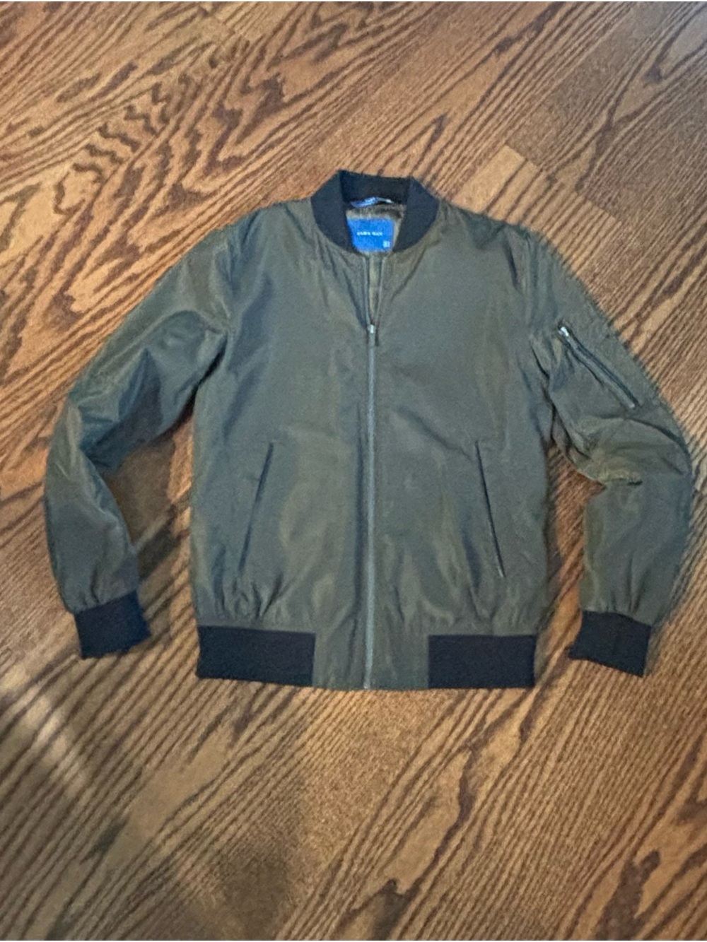 Zara Olive Green Bomber Jacket with Black Trim
